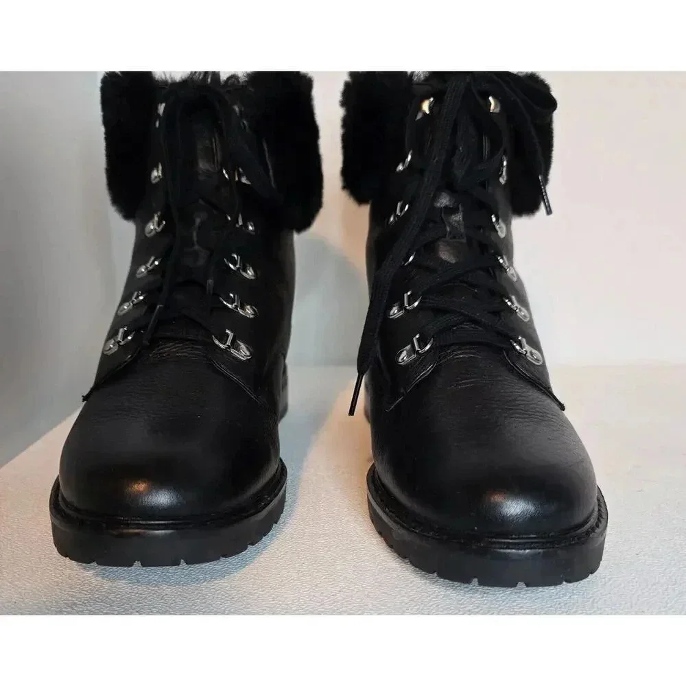 WOMEN'S LAUREN RALPH LAUREN LEATHER TIE ANKLE BOOTS LANESCOT FAUX FUR BLACK 10 B - Picture 3 of 12